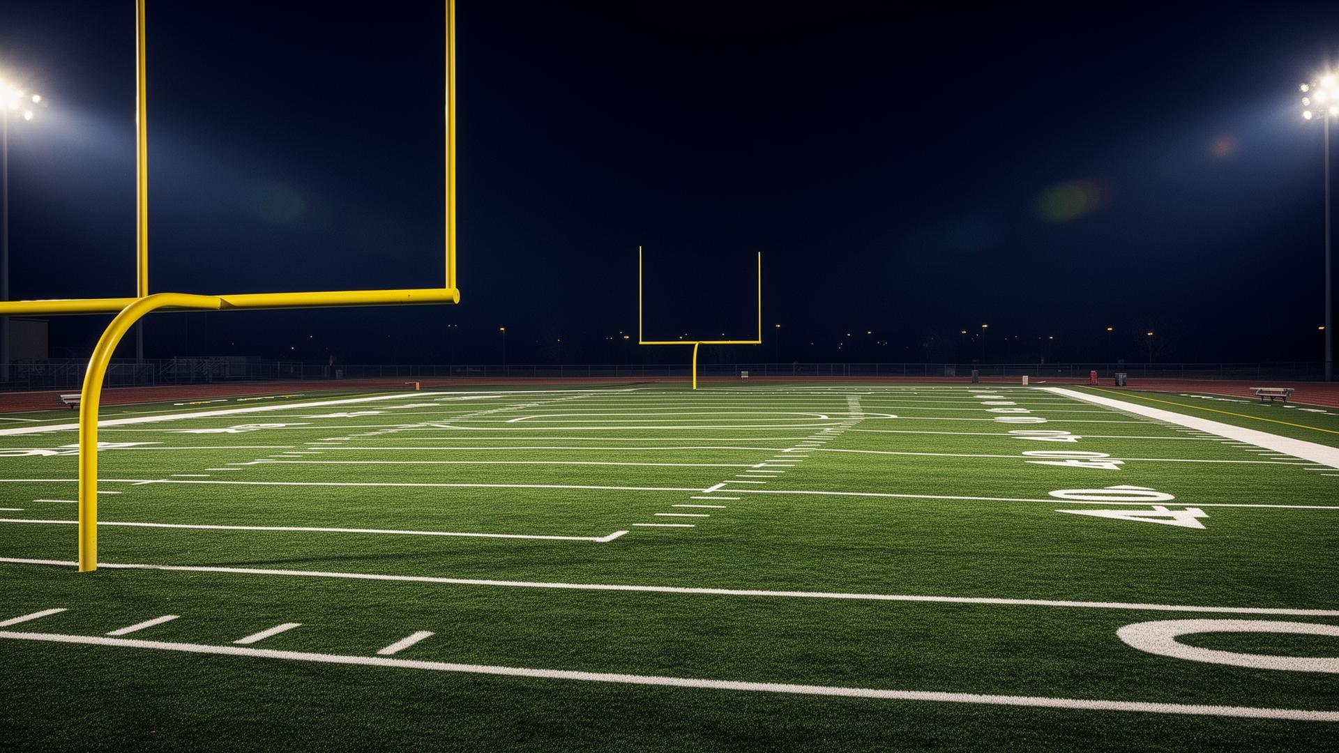 Football field under stadium lights at dusk
